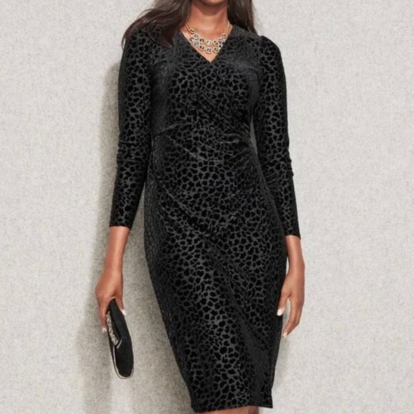 Talbots Black Burnout Velvet Faux Wrap Dress Cheetah Jacquard V-Neck Sz L Sheath - Picture 1 of 16
